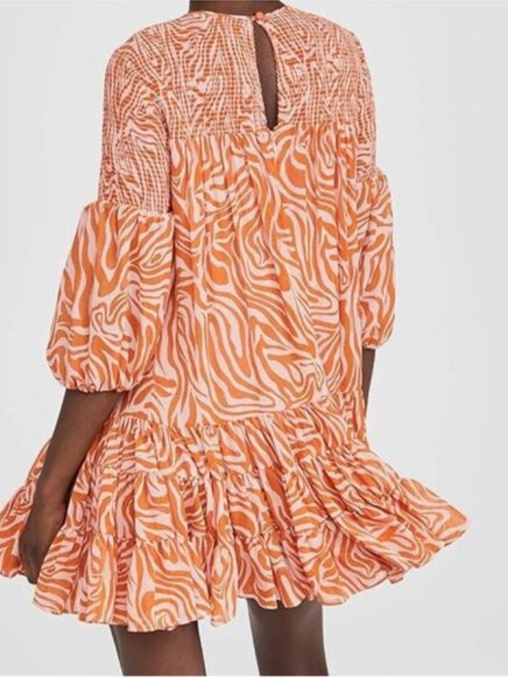 Cinq A Sept | Pink and Orange Zebra-Print Mini Dress | Smocked | size 4 - Picture 3 of 15